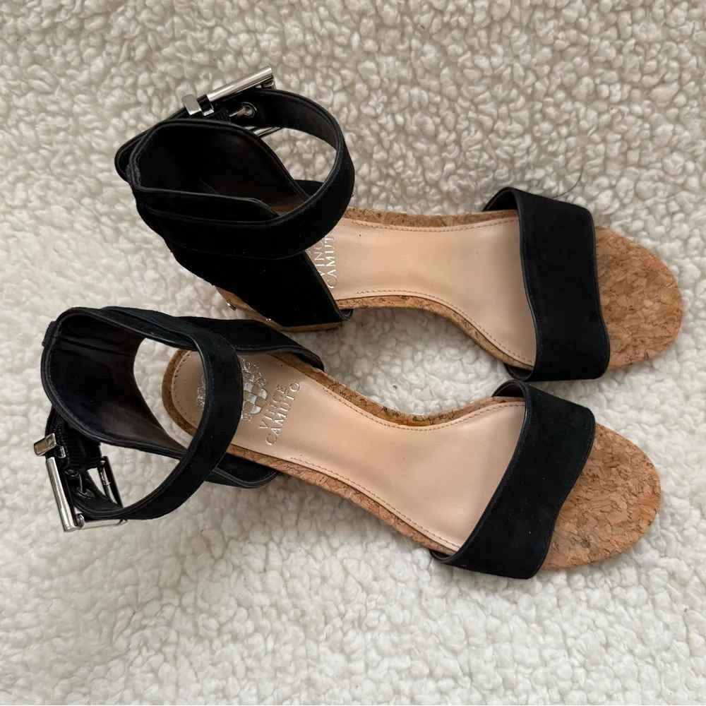 Vince Camuto Baeden Ankle‎ Strap Sandle Womens Size 6 Black Studded Cork  Heel